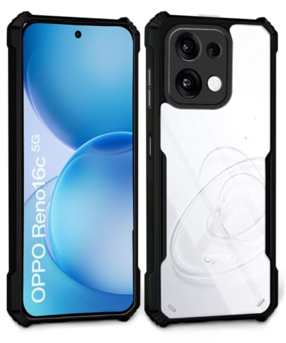 Image of WOW IMAGINE Shock Proof Clear Back Case Mobile Cover for Oppo Reno 16c 5G (Hard | Hybrid PC + TPU | Full Armour Device & Camera Protection | Black)