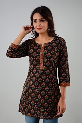 Image of Rapsodia Women Cotton Black Floral Printed Short Kurti, Jaipuri Gold Printed Tunic for Girls and Women's
