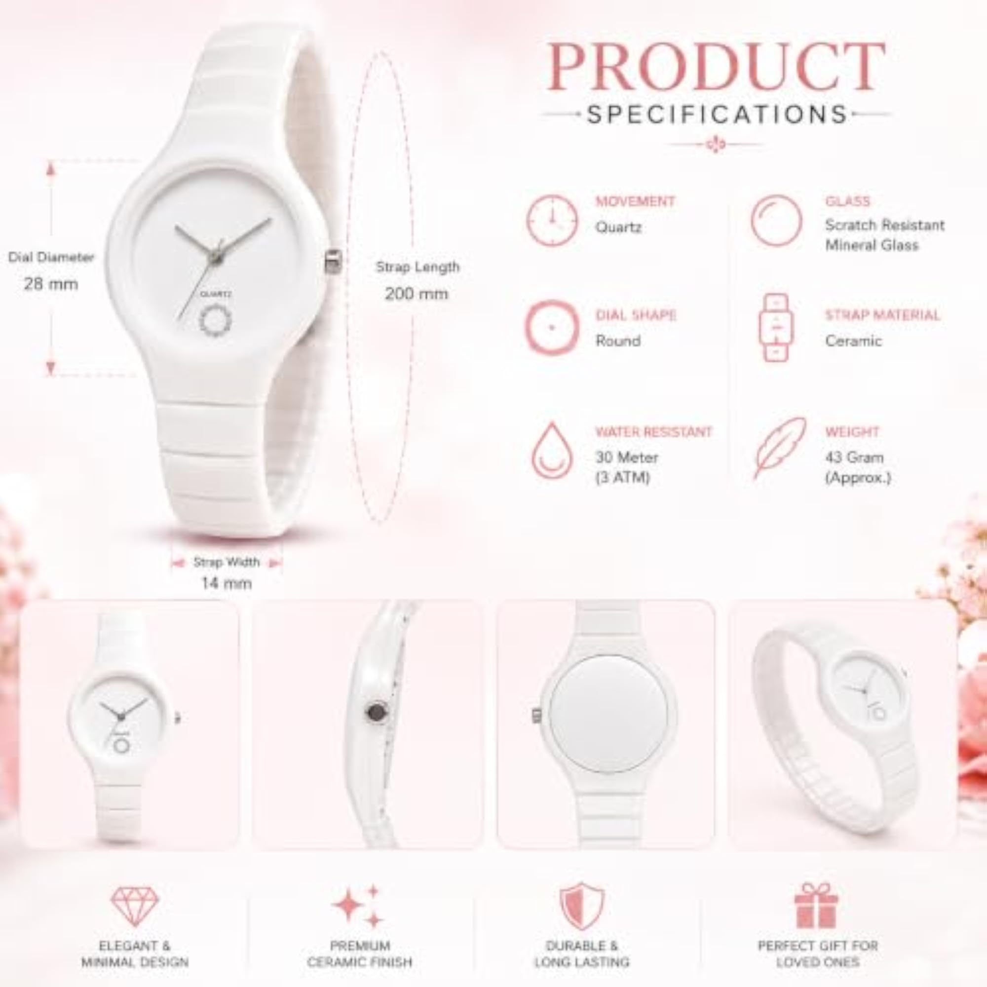 Women's White Ceramic Look Analog Watch with Crystal Accent