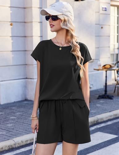 Image of Ekouaer Cotton Two Piece Sets for Women Summer Short Set Crew Neck Matching Sets Cap Sleeve Vacation Outfits With Pocket