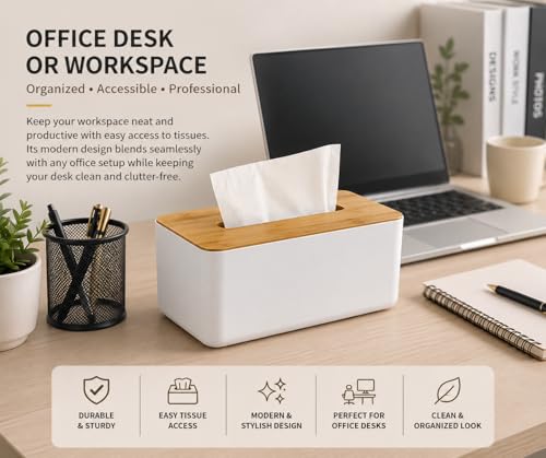 Image of Tissue Box, White with Wooden Color Cover