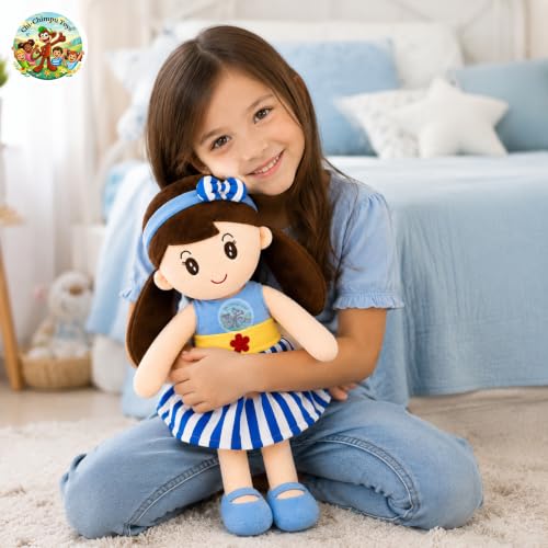 Image of Cute Doll 45 cm for Kids, Soft Plush Doll with Stylish Dress, Huggable Stuffed Toy for Girls and Boys, Birthday Gift, Room Decor, Pretend Play and Storytelling Companion, Blue Soft Toy