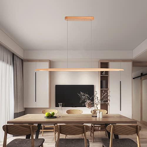 59" Wood Led Linear Pendant Light Mid Century Pendant Dining Light Ceiling Hanging Wood Chandelier Light Fixtures For Kitchen Island Dining Room Pool Table Lights Natural-European Beech #TOP1