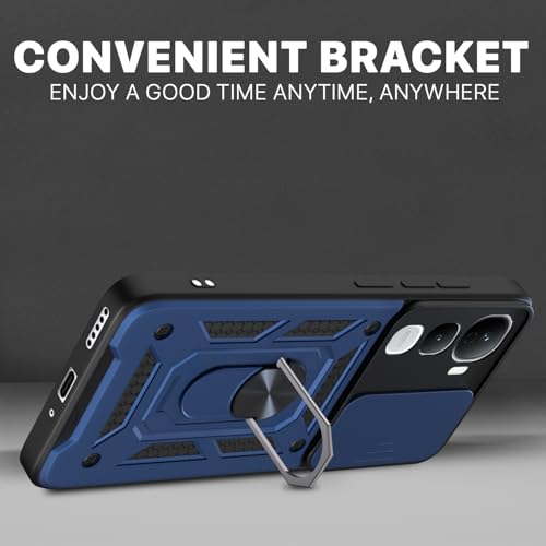 Image of Pikkme Back Cover for Vivo Y400 5G | 360 Protection Case | Sliding Camera Shield Cover & Ring Holder Stand D10 Tough Armor Bumper Case (Blue)
