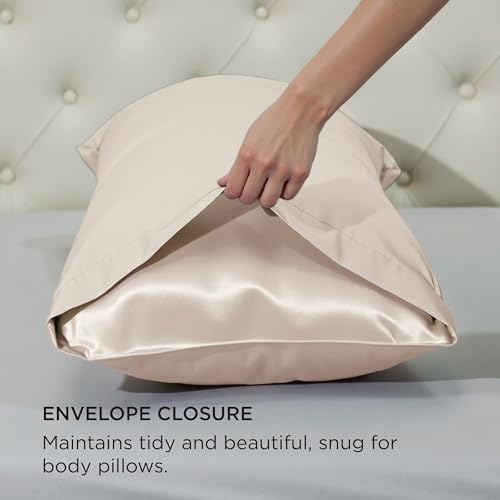 Image of Bedsure Body Pillow Cover 20x54 Inches - Beige Satin Similar to Silk Pillowcase for Hair and Skin, Cooling and Silky Long Body Pillow Pillowcase with Envelope Closure, Gifts for Women Men