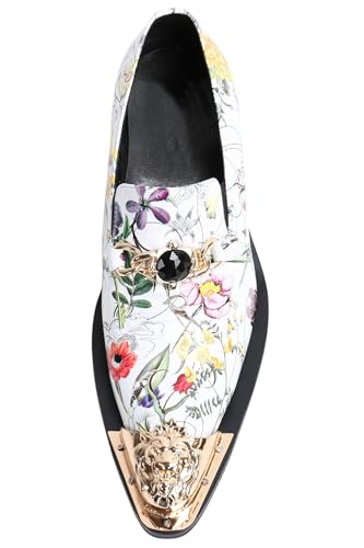 Santimon Mens Loafers Pointed Toe Leather Fashion Buckle Rhinestone Metal Tip Western Dress Shoes3