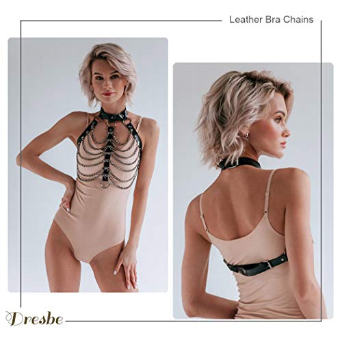DRESBE Punk Layered Body Chain Black Leather Bra Caged Harness Choker Bra Chains Gothic3