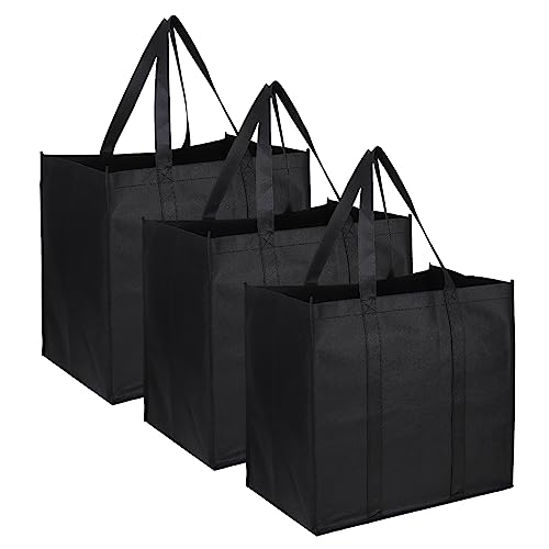 LAOKEAI 3 Pack Black Shopping Bags,Reusable Grocery Tote Bags Shopping Bags,Foldable, Washable,Lightweight Shopper Bag with Small Hook for Daily Life, Picnic, Camping