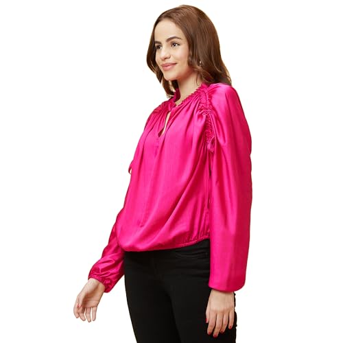 Image of Globus Women Pink V Neck Long Raglan Sleeves Gathered Solid Design Loose Party Top-3640069004