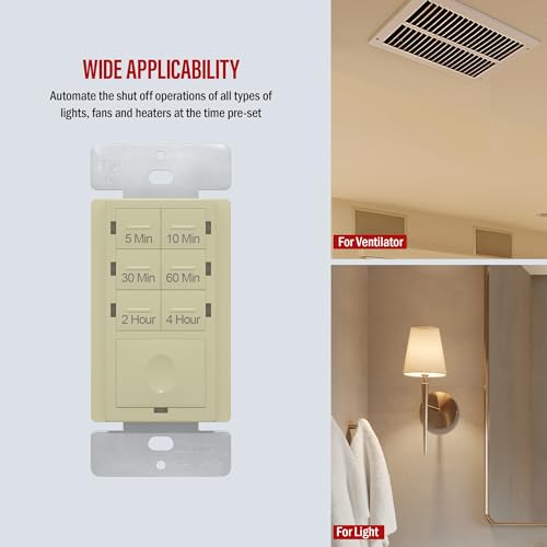 Image of ENERLITES Countdown Timer Switch - Fan & Light Timer, 5 Min - 4 Hrs, Night Light LED Indicator, Neutral Wire Required, UL Listed, HET06-I, Ivory