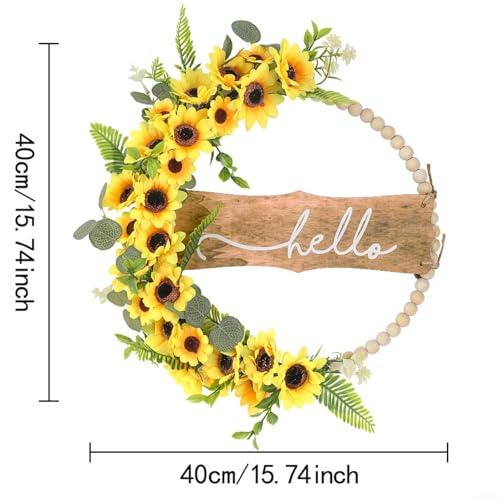 Corona de girasol y eucalipto texturizado con letrero de madera artesanal 3