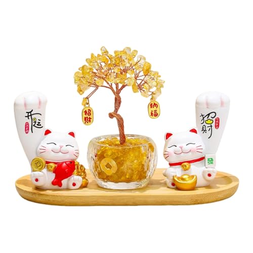 Wswqop 幸運の猫の金のなる木置物デスクオーナメント工芸品と木製トレイ風水装飾オフィス自宅車のダッシュボード用, Aの商品画像（Amazon）