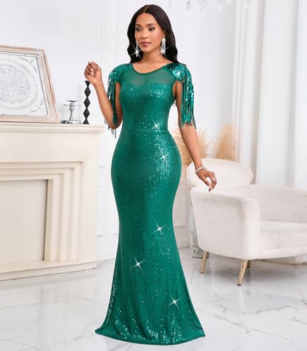 Image of Cololura Sexy Sequin Tassel Mesh Perspective Party Cocktail Bodycon Evening Club Maxi Dress