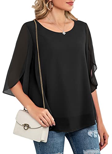 Neineiwu Womens Casual Scoop Neck Loose Top 3/4 Sleeve Chiffon Blouse Shirt Tops3