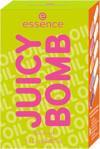 essence JUICY BOMB lip oil set 02 POUT OF PARADISE, Lippenöl-Set aus 5 Shades, tropischer Duft, glänzendes Finish, für gepflegte Lippen, 5×2,4ml