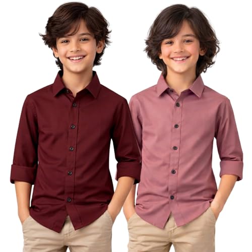 Image of YYQ Pack of 2 Boys Cotton Blend Shirts - Full Sleeve Casual, Soft & Comfortable Spread Collar Shirts
