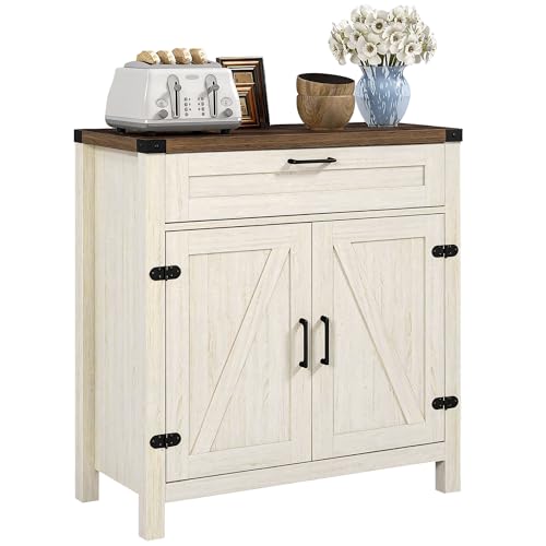 Image of HOMCOM Sideboard with Storage Drawer, Modern Farmhouse Kitchen Cabinet with 2 Barn Doors, Coffee Bar Cabinet, Distressed White