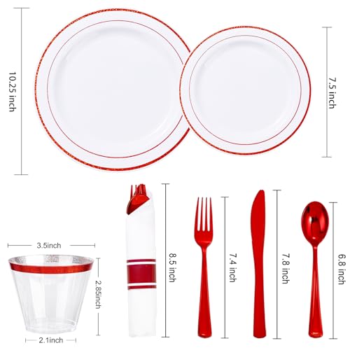 WELLIFE 210 Piece Red Plastic Dinnerware Set, Disposable Plates for Party,Include: 30 Dinner Plates, 30 Dessert Plates, 30 Pre Rolled Napkins with Gold Silverware and 30 Gold Cups