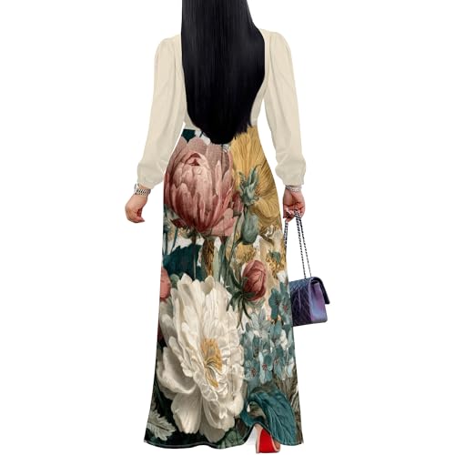 Image of Women's Plus Size Maxi Dresses Long Sleeves V Neck Floral Print Bohemian Swing Long Dress with Belt