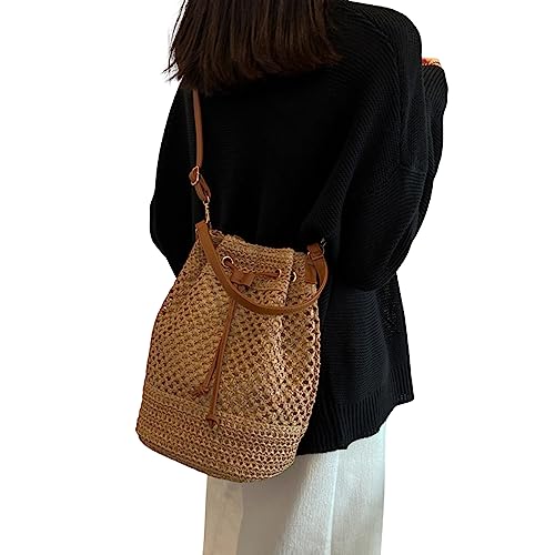 Shoulder Bag, Woven Handbag Women Summer Beach Bag Crochet Handbag Ladies Straw Bag for Holiday Travel Essentials Khaki