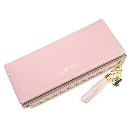 SUMGOGO Wallets for Women Slim Clutch Purse Handbag Card Holder Womens Long Tassel Zipper Pocket Fashion Taiga Leather Billfold Wallet (Pink)3