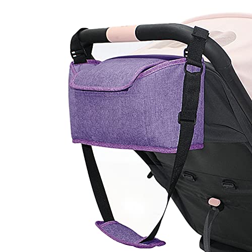 AOXONEL Bolsa organizadora para cochecito de bebé, organizador de cochecito, bolsa universal para cochecito de bebé, bolsillo con cremallera, 2 portavasos y correa para el hombro (púrpura)