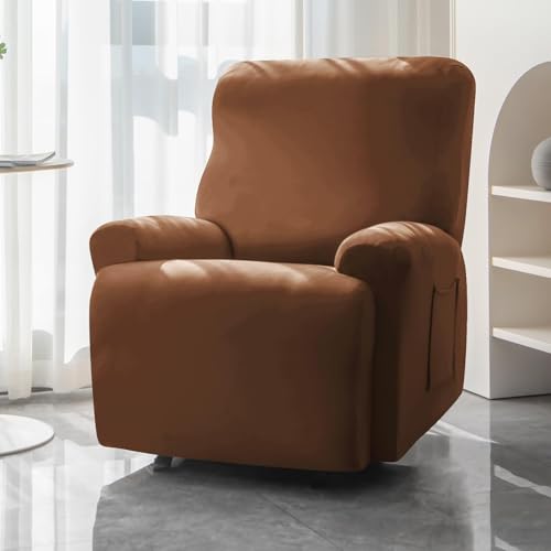 Image of HOKIPO 'SereneSolids' 140 GSM Recliner Stretch Sofa Slipcover 1 Seater Fully Covered 4-Piece Set Machine Washable Furniture Protector with Elasticity for Kids Pet, Brown (NEW2-4740-BR)