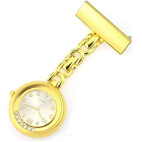 Kidoo Paramedic Brooch Clip-on Fob Nurse Pocket Watch Stainless Steel Nursing Quartz Lapel Pin Watch for Doctors Medicals, Flow Diamond Design, Gift Box (Gold) Cover