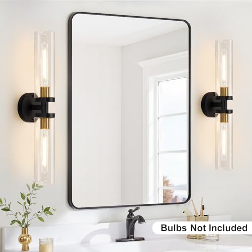 Image of Indoi Black and Gold Wall Sconce, Hardwired Bathroom Sconces Wall Lighting with Clear Glass, Modern Sconces Wall Light fixtures for Bathroom Mirror Living Room Hallway Bedroom