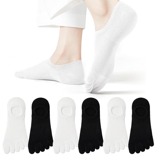 Soleeya 5 Paia Corti Calzini con Dita Separate Donna, 35-40 Calze con Dita Separate Donna Cotone con Maglia Traspirante Calze Cinque Dita (IT, Numero, 35, 40, Regular, Regular, Nero/Bianco)