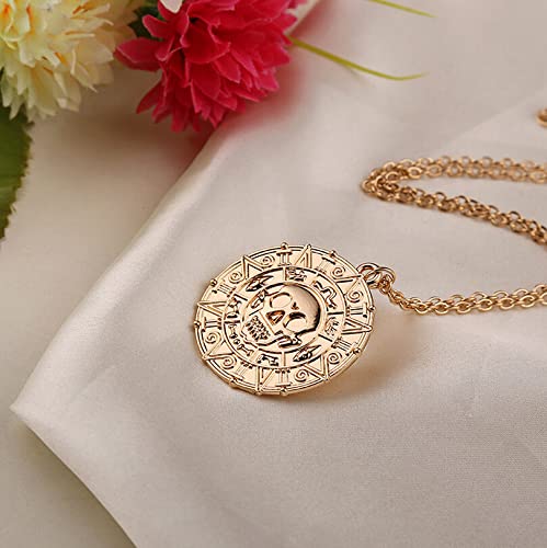Round Gold Coin Skull Necklace Pendant Dress Accessory Movie Pirates of The Caribbean Medal Necklace Retro Jewelry (Gold3