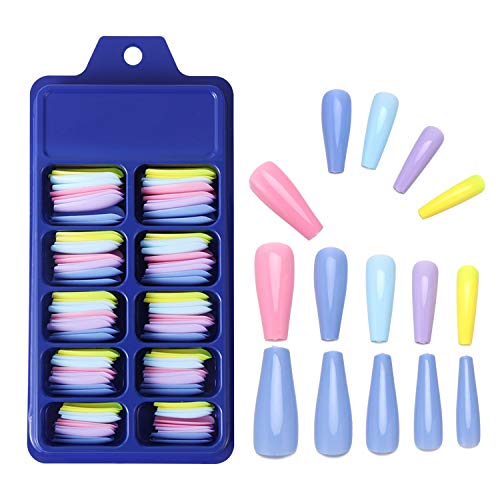 Uergrace 100 Pcs/Box Ballerina Nail Tips, Coffin Shape False Nails, Full Cover Extra Long Press, Colorful Fake Nail for Women, Girls, DIY Nail Art Salons with Blue Case, Mix Color