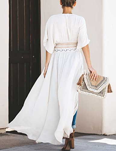 Fancyinn Women White Long Lace Cover Up Bohemian Kimono Sheer Lace Tie Front Beachwear Crochet Dress S #TOP3