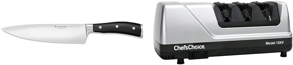 WÜSTHOF Classic IKON 8-Inch Chef's Knife, Black & Chef'sChoice 15XV EdgeSelect Professional Electric Knife Sharpener with 100-Percent Diamond Abrasives and Precision Angle Guides