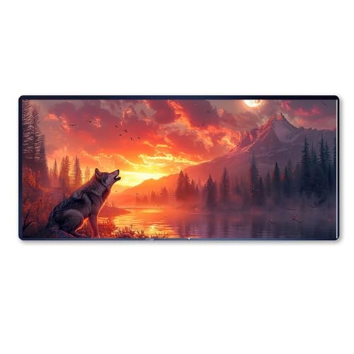 Large Mouse Mat 36 x 16 x 0.1 inch, Extended Mouse Mat Wolf Mouse Pad Sunset Desk Pad, Adults Kids Gaming Mouse Pad, Keyboard Pad with Stitched Edges Non Slip Rubber Base for Computer PC Desk Decor