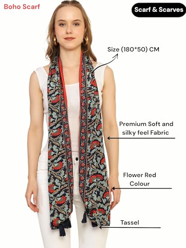 Image of KE KANHA EXPORT Women Scarf|Stole For Women|Scarf For Women Stylish|Stall For Women|Border Print Face Cover Head Wrap|Boho|Beach|Multicolor|180x50cm|Pack Of 1|FREE Scrunchie Included