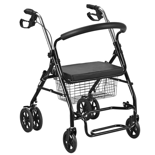 HKMIBA 歩行器高齢者 歩行補助具 立ち上がり 補助器具 手押しカート 押したり座ったりできる折りたたみ式耐荷重120KG 4段階の高さ調節可能ショッピングバスケット付き長時間座っても疲れませんコーナー付き高齢者 術後患者 運動能力が制限されている人に