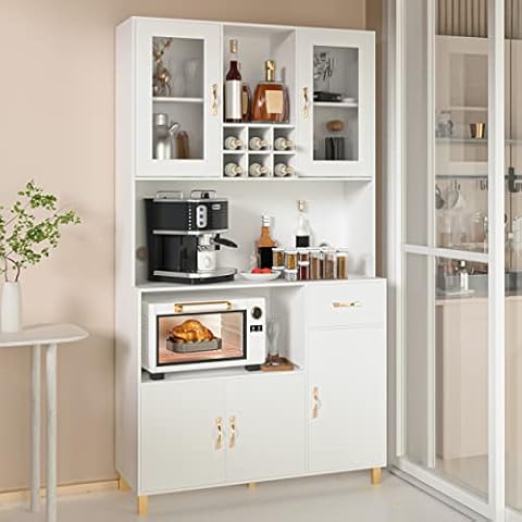 PAKASEPT Kitchen Pantry Storage Cabinet,Modern Freestanding Pantry Cabinet with Tempered Glass Doors,5 Storage Cabinet & Grid Wine Racks & Microwave Space & Drawer for Living Room, Kitchen,White Cover