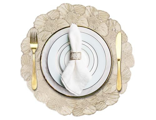 Ablieve Set of 6 Hollow Gold Round Dining Table Mats 15 inch Vinyl Placemats Used for Table Decoration of Festive Parties Flower Pattern 0465
