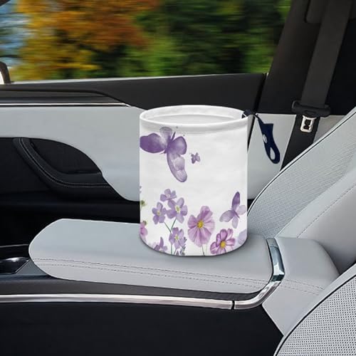 Image of Collapsible Purple Butterfly Flower Accessories Trash Can Car Trash Bin Car Trash Can Bags Universal Garbage Bin Decoration Car Interior for Car SUV Trucks