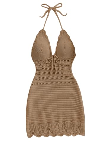 GORGLITTER Women's Vacation Outfits Crochet Halter Mini Dress Summer Beach