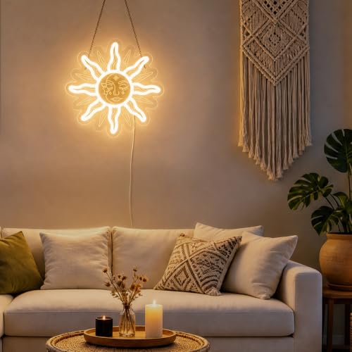 Image of Attivolife Sun Goddess Neon Sign, Dimmable Sun and Moon LED Light, Sunflower Eye Boho Aesthetic Wall Decor, USB Powered Tribal Art Lamp for Bedroom Living Room Dorm Women Boho Lovers Gift 11.8 inchx11.8 inch