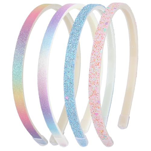 WLLHYF Glitter Headband, 4pcs Plastic Sparkly Cute Non Slip Chunky Hairbands, Thick Bling Confetti Rainbow Hair Bands with Teeth, Little Girls Colorful Hair Accessories