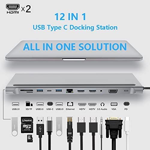 VEDO Estação de ancoragem USB C, Hub USB C 12 em 1, Monitor Triplo Tipo C a 2 HDMI + Adaptador VGA,