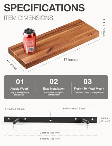 BATODA Set of 2 17" Acacia Wood Floating Shelves Wall Mounted – Rustic Farmhouse Wooden Wall Storage Shelf for Bedroom, Kitchen, Home Décor - Brackets and Shelving Mounting Hardware Included