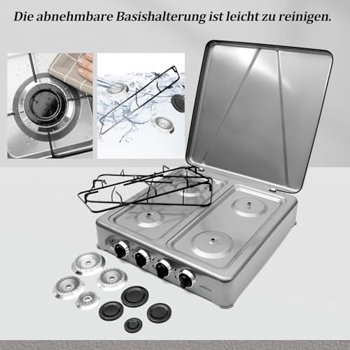 HOMELUX 6,2 KW Gaskocher, 4 Flammig Campingkocher mit Deckel | mit 150cm Gasschlauch und Druckminderer 50 mbar, Kochfeld Kocher Herd Gas Outdoor (Grau) – Bild 5