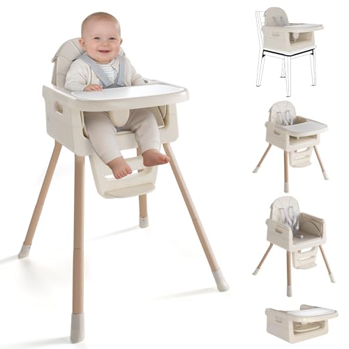 Image of Baby High Chair for 6 Months+, Foldable High Chairs for Babies and Toddlers, Convertible High Chair, Adjustable Tray & Footrest, Portable High Chair & Easy to Clean(White with Wood Grain)