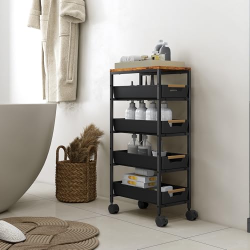 HOMCOM Carro de Cocina de Almacenamiento de 5 Niveles Carrito Auxiliar con Ruedas Tablero Efecto Madera y 4 Cajones Extraíbles Carrito de Cocina para Comedor Salón 39,5x24x82 cm Negro - imagen 9