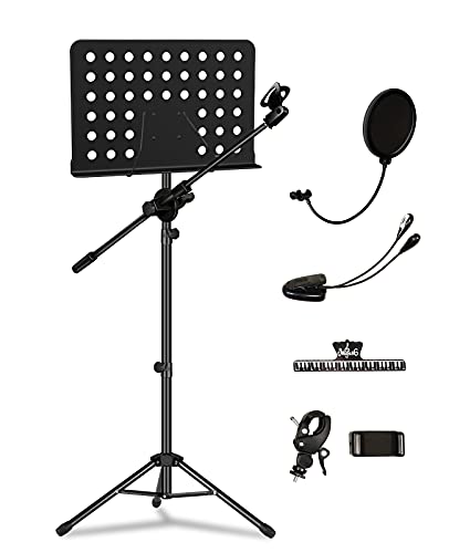 Music Stand For Sheet Music With Mic Pole, All-In-One Folding Sheet Music Stand With Pop Filter & Phone Holder, Portable Music Book Stand With Light & Clips For Violin Guitar Ukulele Violin Players #TOP4