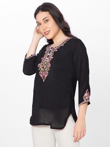 Image of HAUTEMODA Women Cotton Floral Embroidered Short Kurti, Tunic, Three-Fourth Sleeves, White